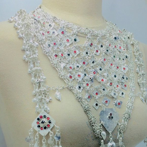 Massive Silver Kuchi Bib Necklace, Tribal Bib Necklace With Dangling Tassels - Picture 6 of 9